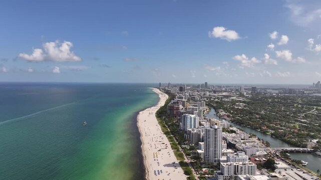  Aerial View of Surfside Beach Coastline with Turquoise Ocean Water and Miami Skyline, Florida, USA&rdquo;