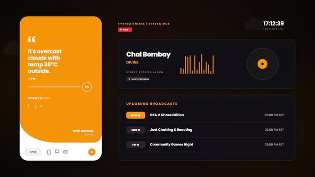Digital streaming interface dashboard with dynamic music player and upcoming broadcast schedule for modern content creators and online community engagement platforms in dark orange theme