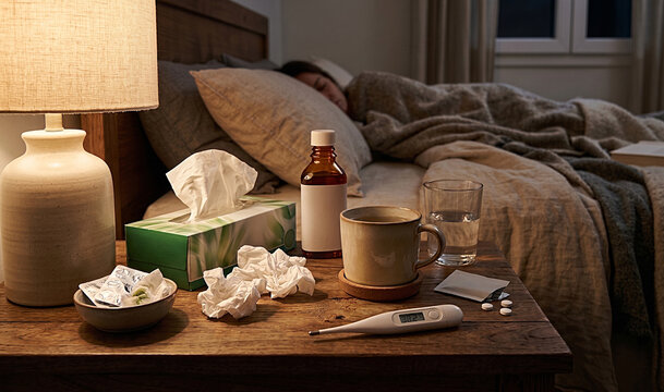 Person in bed recovering from a flu, with remedies on the nightstand