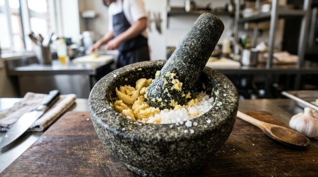 Stone mortar and pestle with ingredients in kitchen