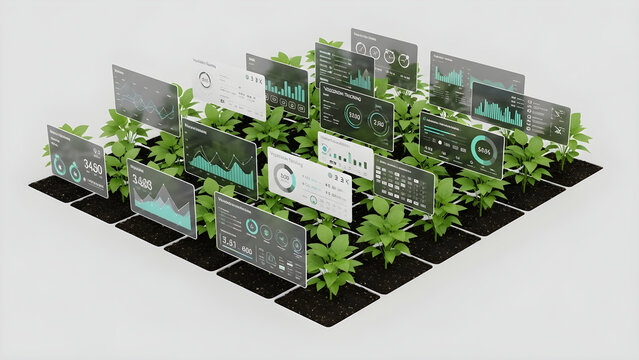 Agricultural Technology Concept Featuring Digital Data Analytics Panels Floating Above Young Green Plant Seedlings In Soil Plots