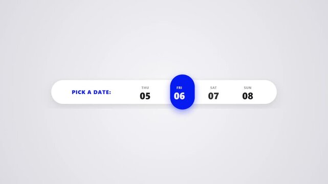 Modern animation of a horizontal date picker user interface element with a blue selection button sliding across a calendar widget with vibrant blue button with background rounded rectangular