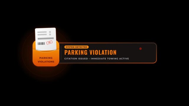 Digital parking violation notification overlay interface with glowing orange alert elements and system warning text for modern urban traffic management with complete automated citation icon
