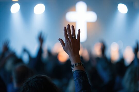 The raised hand of a worshiper reaching toward the cross in church