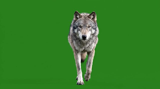 A Majestic Grey Wolf Walking Forward Against a Green Screen Background.