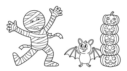 Fototapeta premium Cute mummy bat and stack of carved pumpkins for halloween coloring page