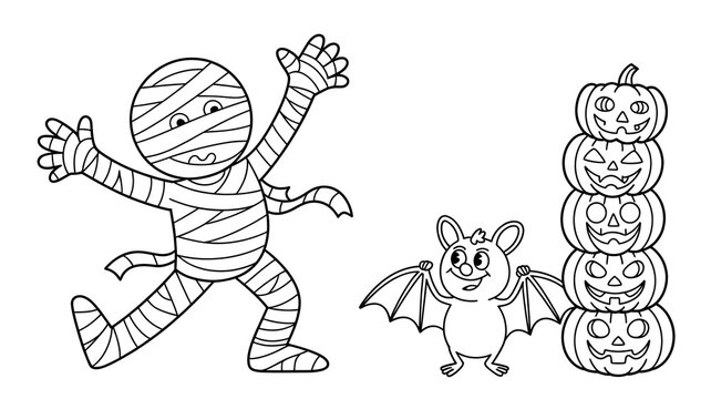 Cute mummy bat and stack of carved pumpkins for halloween coloring page