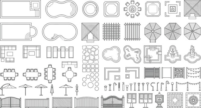 Landscape Architecture CAD Symbols Collection with Pools Furniture Fences and Outdoor Design Elements