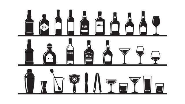 Bar and Cocktail Silhouettes: Collection of Alcohol Bottles, Glasses, and Mixology Tools