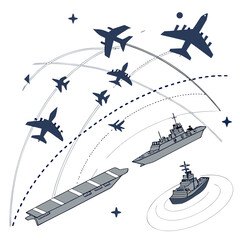 Isometric of multiple military aircraft and naval warships with complex flight and sea paths on a white background © sabrina1122