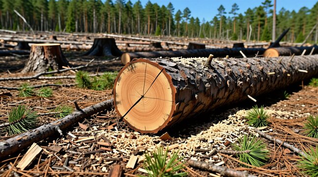Freshly cut pine log lies on forest floor covered with pine needles, sawdust. Background shows deforested area with many tree stumps, felled trees. Logging operations created this barren landscape.