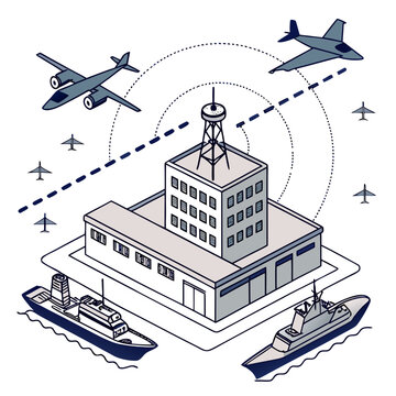 Isometric of a military command center with a radar tower, naval ships, and flying aircraft connected by signals on a white background