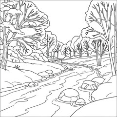 Obraz premium Peaceful Winter River Landscape Coloring Page with Snow Covered Trees, Flowing Stream and Rocks, Black and White Printable Nature Outline Illustration for Kids and Adults