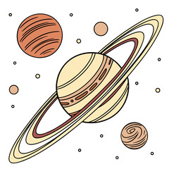 Hand drawn of the planet saturn with prominent rings and smaller orbiting planets in outer space on a white background © sabrina1122