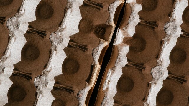 Cardboard egg carton texture background. Recycled paper material for food packaging. Sustainable waste management and ecological waste sorting concept. Industrial design pattern.