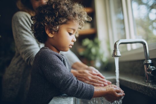 Daily hygiene. Young diverse child standing at a sink with a parent gently guiding hand washing. Natural lighting, modern bathroom or kitchen setting, focus on hygiene and care. 