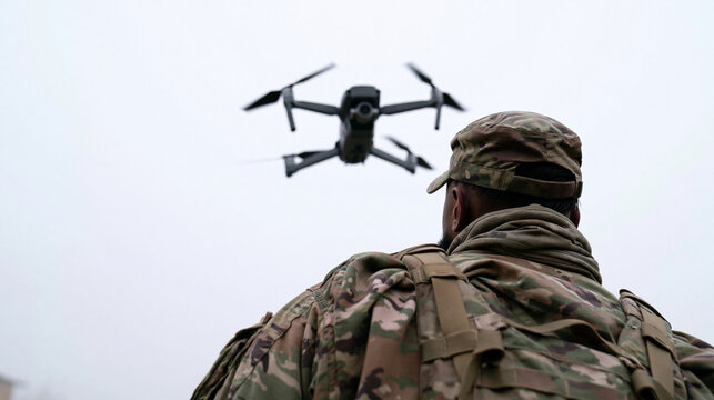 A low-angle over-the-shoulder stock photograph of a modern combat soldier from the back, tracking a drone overhead. Standing perfectly still, looking straight vertically up into a