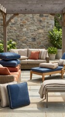 Obraz premium Modern outdoor patio lounge with stylish furniture for relaxing and entertaining. Luxury backyard living, home comfort, contemporary design, outdoor lifestyle.
