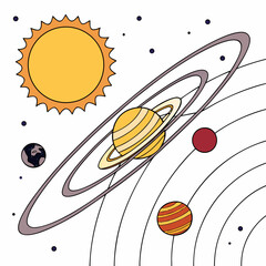 Simple of a solar system with a large yellow sun, saturn with rings, and smaller planets orbiting on a white background © sabrina1122