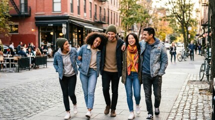 Naklejka premium Happy Diverse Group of Young Friends Walking Together Through City Street Sharing Friendship and Community