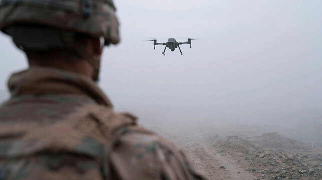 A stark, technical photojournalism style shot from behind an infantryman. Standing in place, looking vertically up into a featureless foggy atmosphere. The lower edge contains the