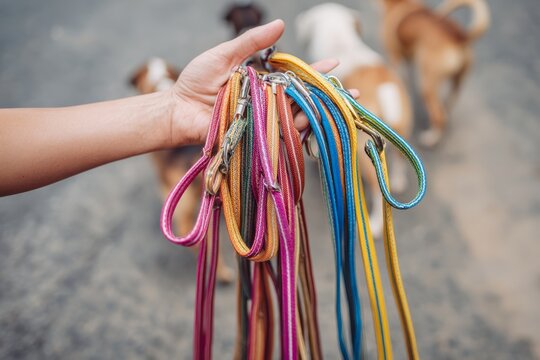 Dog walker hand holding multiple colorful leashes walking the street, with dogs partially visible out of frame. Side hustle to make extra pocket money, looking for clients via apps.