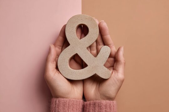 Hands holding a carved wooden ampersand & in front of a pastel wall. Emphasis on texture and simplicity. Typography and signs. shorthand logogram that represents the word "and".