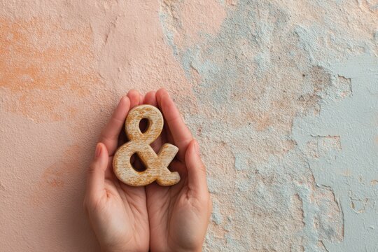 Hands holding a carved wooden ampersand & in front of a pastel wall. Emphasis on texture and simplicity. Typography and signs. shorthand logogram that represents the word "and".