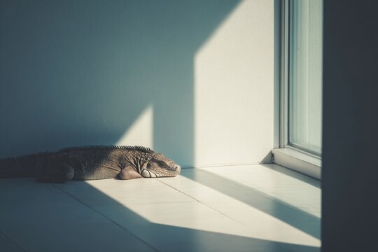 Iguana resting near a window on a modern clean indoor surface, bathed in daylight. Zen, minimalist tone. Exotic animals as pets: care and legal restrictions. 