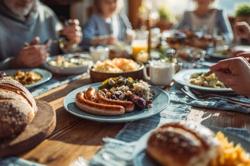 Obraz premium family social function - dining table scene with a German American family sharing a meal featuring traditional dishes like bratwurst, sauerkraut, and pretzels.