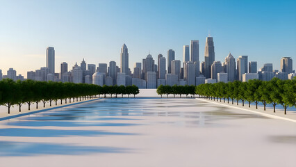 Obraz premium Panoramic view of a modern cityscape with symmetrical tree-lined paths leading toward a vast urban skyline under a clear blue morning sky