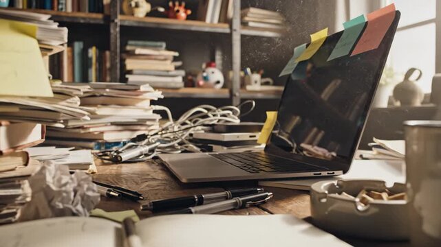 Cluttered Messy Desk with Laptop and Sticky Notes. Suitable for writer's block content, creative chaos visuals, busy office storytelling, and productivity challenge themes.