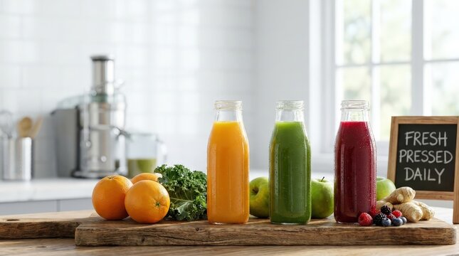 Fresh cold pressed juices beside a juicer in a bright kitchen. Healthy nutrition, natural wellness, detox lifestyle, homemade beverages, everyday vitality.