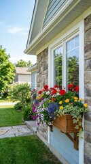 Fototapeta premium Colorful flower window box blooming beneath a sunny home window. Charming curb appeal, home gardening, seasonal beauty, outdoor decor, spring inspiration.