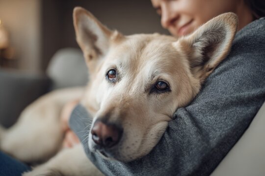 emotional support dog. Person hugging their dog lovingly while sitting on a neutral couch. Cozy home, natural lighting, soft shadows. Life with pet. Mental health support.