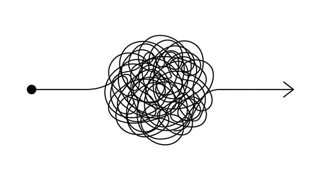 Concept of complex problem solving with a tangled scribble knot simplified into a straight line path scribble solution complexity simplicity thinking strategy direction management business