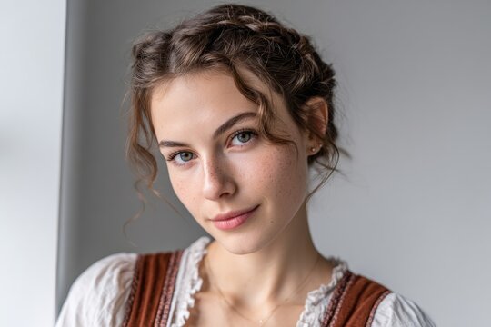 Oktoberfest celebration. Portrait of a young German-American woman wearing a modern dirndl in a neutral studio. Natural light, soft expression, and confident pose celebrating heritage