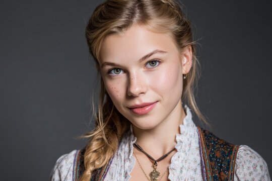 Oktoberfest celebration. Portrait of a young German-American woman wearing a modern dirndl in a neutral studio. Natural light, soft expression, and confident pose celebrating heritage