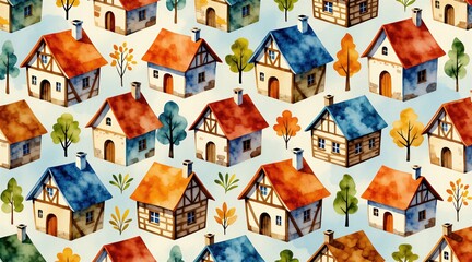 Obraz premium Watercolor pattern featuring diverse quaint European cottages with red blue roofs. Autumn trees and leaves add cozy charm. Perfect for storybooks, wallpapers, and folk art themes.
