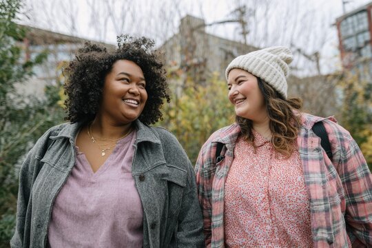 two women, female plus-size friends walking together on the street of a city, in simple, flattering outfits, laughing or chatting. Obesity and overweight issue. Body positive. 