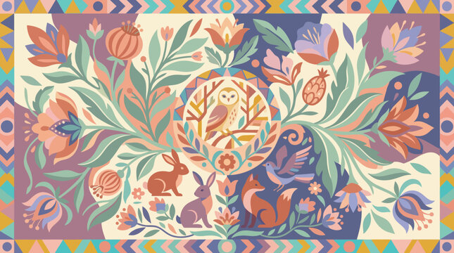 Folklore style illustration featuring an owl rabbits and a fox surrounded by floral elements.