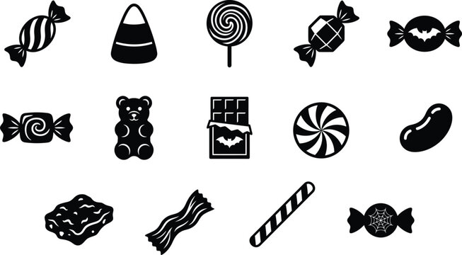 Halloween vector bundle black silhouette candy icons for spooky designs trick or treat graphics
