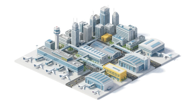 Isometric illustration of industrial cityscape with buildings and factories.