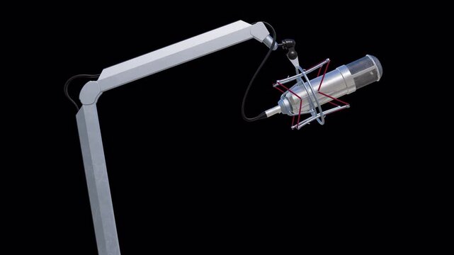 Professional studio condenser microphone on boom arm, silver podcast mic with shock mount, radio broadcasting equipment on transparent background