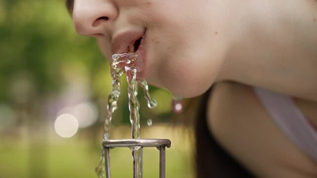Woman drinking from public fountain outdoors;