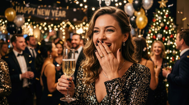 Happy Young Woman Holding Champagne Glass at Elegant New Year Party Celebration with Festive Lights and Confetti