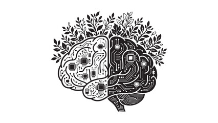 Fototapeta premium Artificial Intelligence Brain with Circuitry and Growing Leaves, Blending Technology and Nature Concept