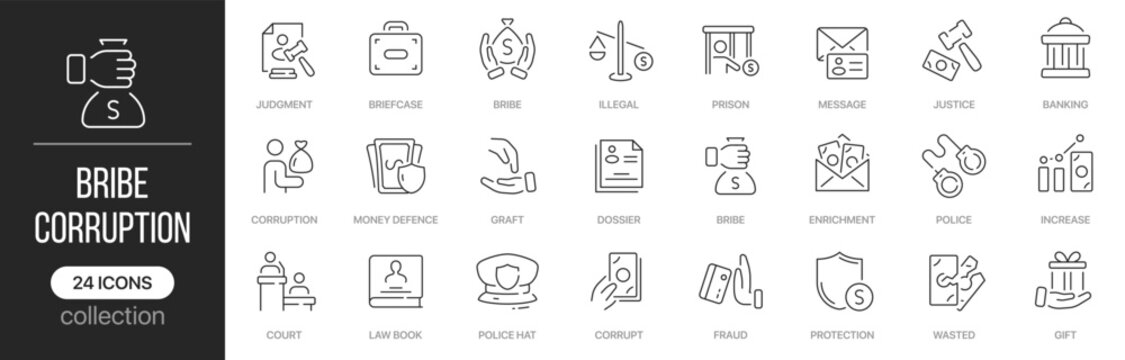 Bribe and corruption linear icons covering financial crime, legal investigations and anti corruption concepts. Contains bribery, courts, police, fraud, justice, evidence