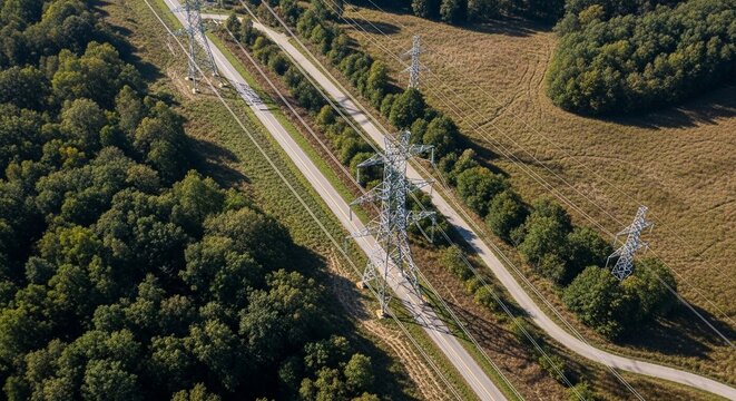 Aerial view of a towering electricity transmission line and pylon corridor cutting through a lush green rural landscape with roads and trees.
