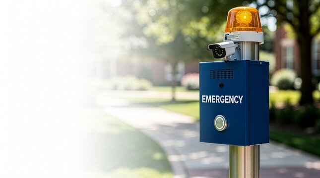 Blue emergency intercom call box with a security camera and glowing yellow strobe light on a metal post, set against a blurred sunny university campus or outdoor park background.